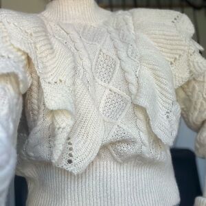 Entro Cream Cable Knit Ruffle Crew Neck Sweater: SZ.Small Gently used condition